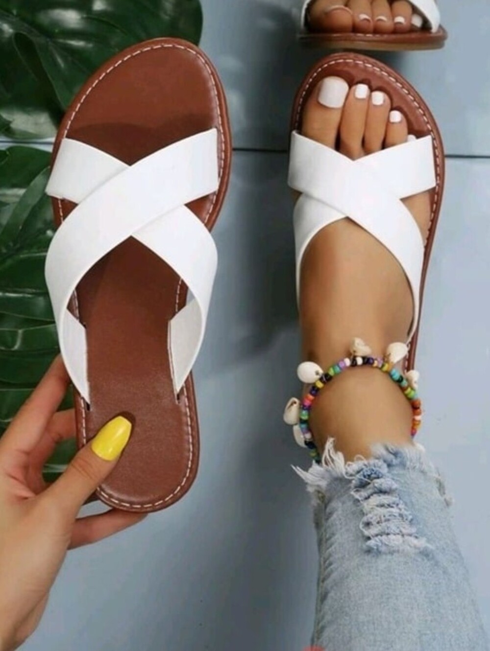 West Loop Elegant White Slide Sandals For Women, Minimalist Cross Strap NEW